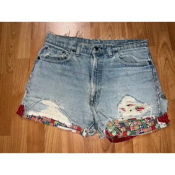 Womens Vintage Levi Jorts Patched Distressed Cutoff Shorts VTG Women Large - Picture 2 of 13
